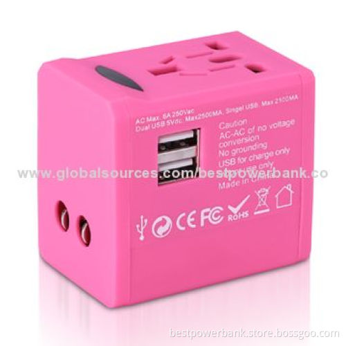 Colorful 2-USB Port International Universal Travel Adapters for Mobile Phone/Tablet, CE/RoHS/FCC/SGS